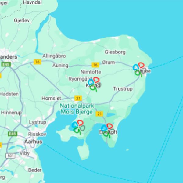 Vandreture på kort over Kløverstierne på Djursland